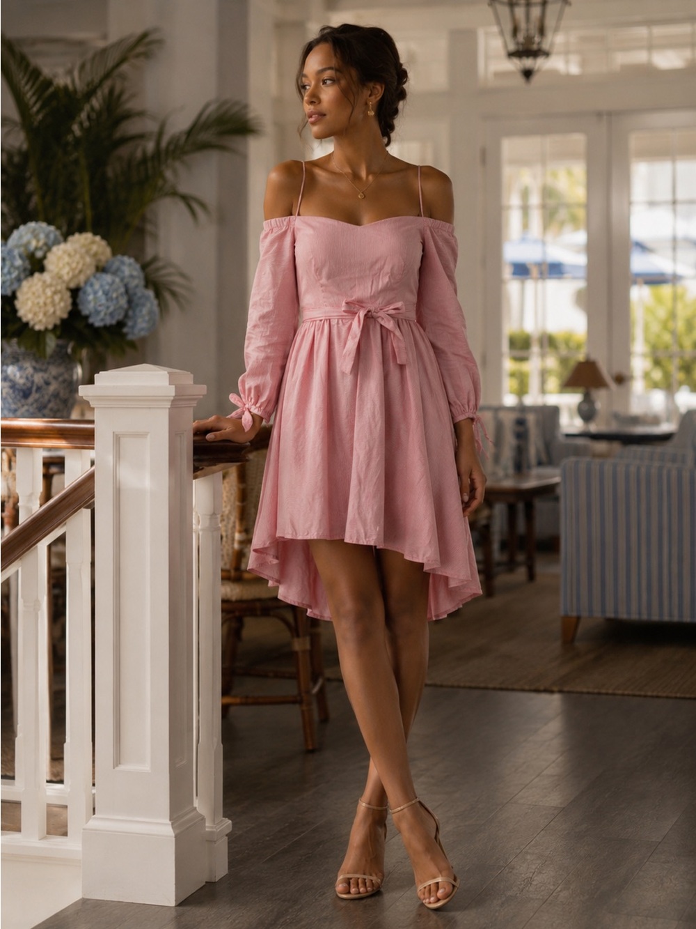 Sandro Red Pink Cotton Square Neck Dress | Romantic French Girl Midi Dress